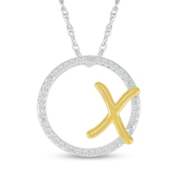 1/10 CT. T.W. Diamond Circle with &quot;X&quot; Initial Pendant in Sterling Silver and 10K Gold