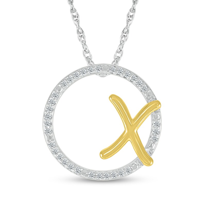 Main Image 1 of 1/10 CT. T.W. Diamond Circle with &quot;X&quot; Initial Pendant in Sterling Silver and 10K Gold