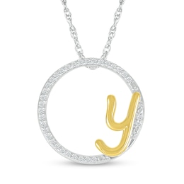 1/10 CT. T.W. Diamond Circle with &quot;Y&quot; Initial Pendant in Sterling Silver and 10K Gold