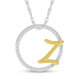 1/10 CT. T.W. Diamond Circle with &quot;Z&quot; Initial Pendant in Sterling Silver and 10K Gold