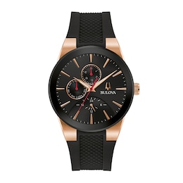 Men's Bulova Millennia Black IP and Rose-Tone Strap Watch with Black Dial (Model: 97C112)