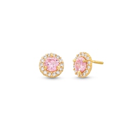 Child's 4.0mm Pink and White Cubic Zirconia Frame Stud Earrings in 14K Gold