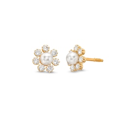 Child's Freshwater Cultured Pearl and Cubic Zirconia Flower Stud Earrings in 14K Gold