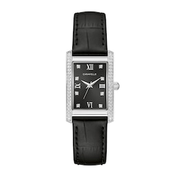 Ladies' Caravelle by Bulova Crystal Accent Black Leather Strap Watch with Rectangular Black Dial (Model: 43L222)