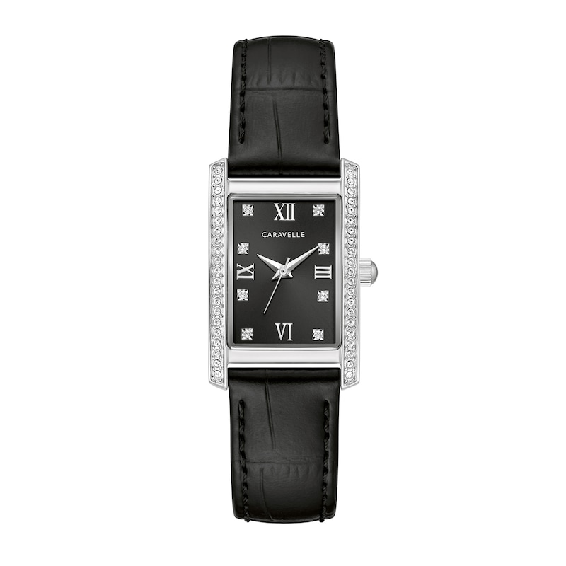 Ladies' Caravelle by Bulova Crystal Accent Black Leather Strap Watch with Rectangular Black Dial (Model: 43L222)