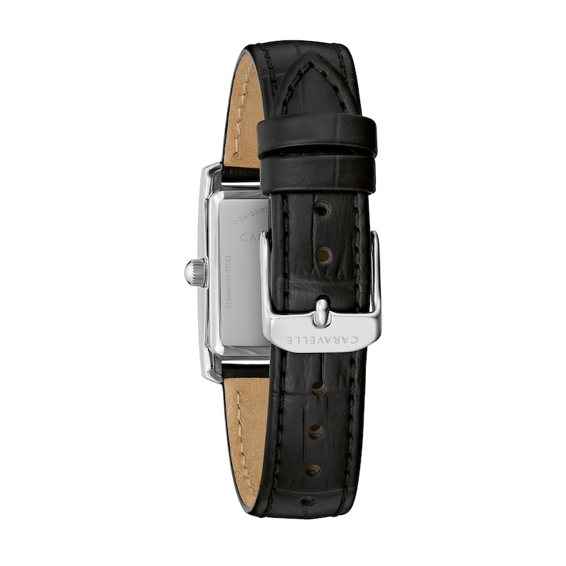 Ladies' Caravelle by Bulova Crystal Accent Black Leather Strap Watch with Rectangular Black Dial (Model: 43L222)