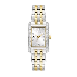 Ladies' Caravelle by Bulova Crystal Accent Two-Tone Watch with Rectangular Dial (Model: 45L191)