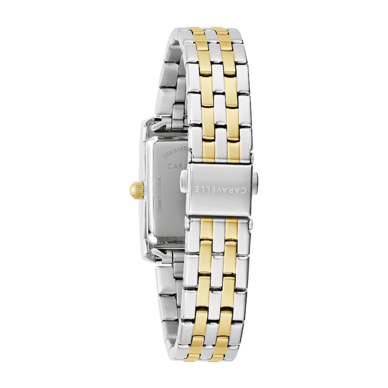 Ladies' Caravelle by Bulova Crystal Accent Two-Tone Watch with Rectangular Dial (Model: 45L191)