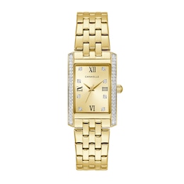 Ladies' Caravelle by Bulova Crystal Accent Gold-Tone Watch with Rectangular Champagne Dial (Model:45L192)