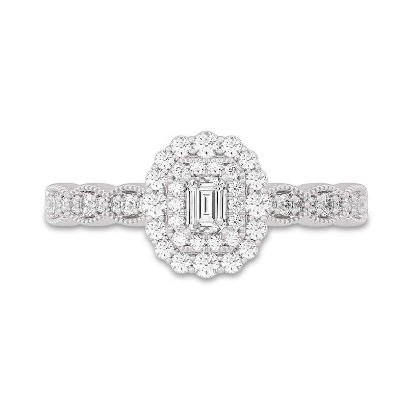 Main Image 3 of 1/2 CT. T.W. Emerald-Cut Diamond Scallop Frame Vintage-Style Engagement Ring in 14K White Gold