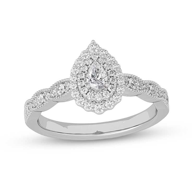 1-1/6 Ct. T.W. Certified Pear-Shaped Diamond Frame Past Present Future Engagement Ring in 14K White Gold (I/I2)