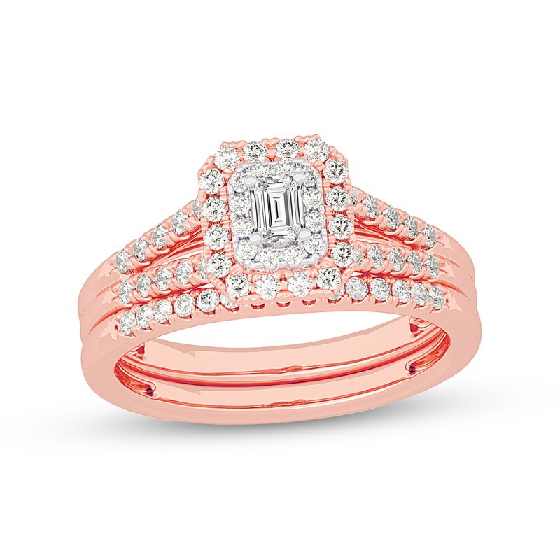 Main Image 1 of 1/2 CT. T.W. Emerald-Cut Diamond Double Frame Split Shank Bridal Set in 14K Rose Gold