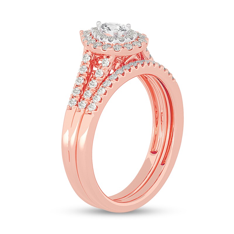 Main Image 2 of 1/2 CT. T.W. Pear-Shaped Diamond Double Frame Split Shank Bridal Set in 14K Rose Gold