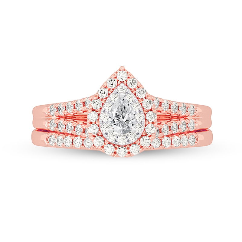 Main Image 3 of 1/2 CT. T.W. Pear-Shaped Diamond Double Frame Split Shank Bridal Set in 14K Rose Gold