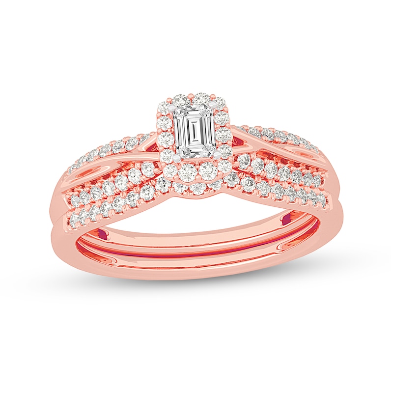 Main Image 1 of 1/2 CT. T.W. Emerald-Cut Diamond Frame Overlay Bridal Set in 14K Rose Gold