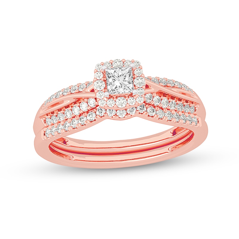 Main Image 1 of 1/2 CT. T.W. Princess-Cut Diamond Frame Overlay Bridal Set in 14K Rose Gold