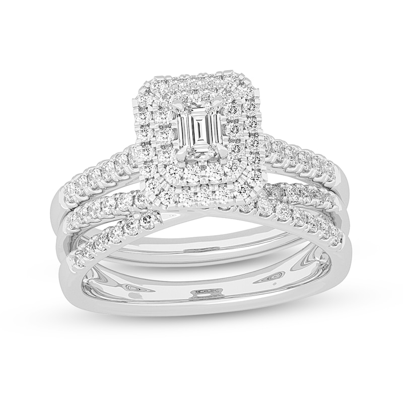 5/8 CT. T.W. Emerald-Cut Diamond Double Frame Orbit Bridal Set in 14K White Gold