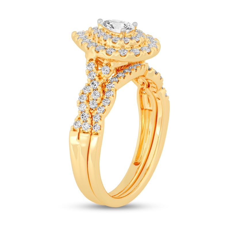 Main Image 2 of 3/4 CT. T.W. Pear-Shaped Diamond Double Frame Twist Shank Bridal Set in 14K Gold (I/SI2)