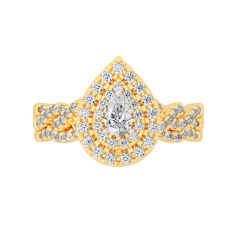 Main Image 3 of 3/4 CT. T.W. Pear-Shaped Diamond Double Frame Twist Shank Bridal Set in 14K Gold (I/SI2)