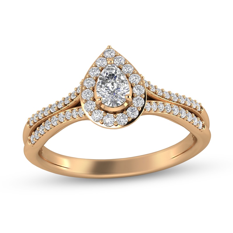 Main Image 1 of 1/2 CT. T.W. Pear-Shaped Diamond Frame Wavy Split Shank Engagement Ring in 14K Rose Gold