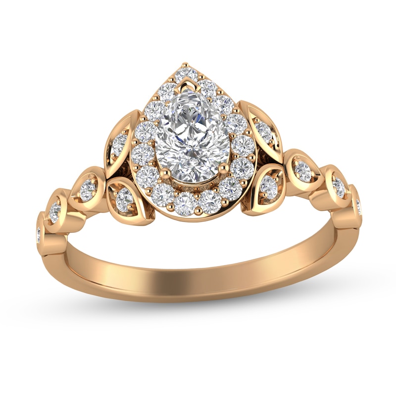 Main Image 1 of 1/2 CT. T.W. Pear-Shaped Diamond Frame Vine Shank Engagement Ring in 14K Rose Gold