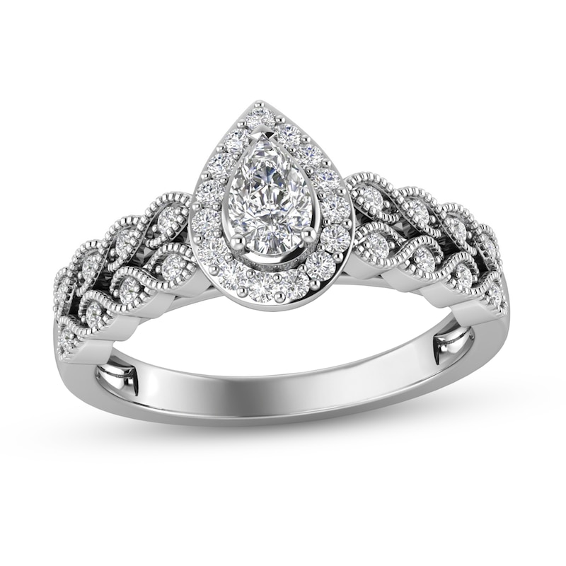 Main Image 1 of 1/2 CT. T.W. Pear-Shaped Diamond Cascading Vintage-Style Double Row Engagement Ring in 14K White Gold