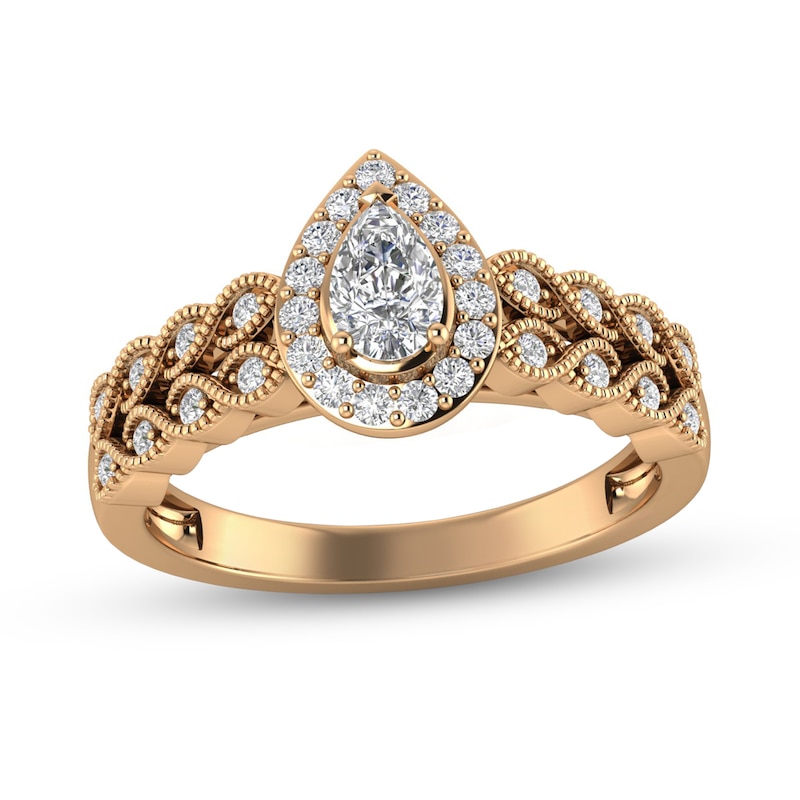 Main Image 1 of 1/2 CT. T.W. Pear-Shaped Diamond Cascading Vintage-Style Double Row Engagement Ring in 14K Rose Gold