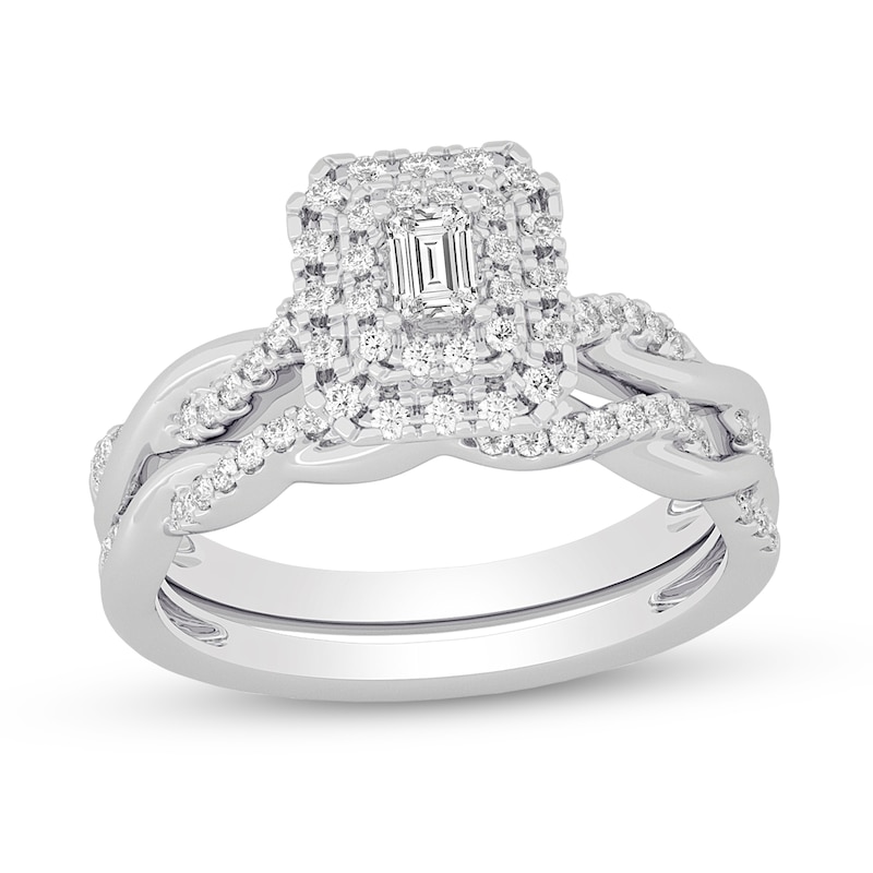 Main Image 1 of 3/8 CT. T.W. Emerald-Cut Diamond Double Frame Twist Shank Bridal Set in 14K White Gold (I/SI2)