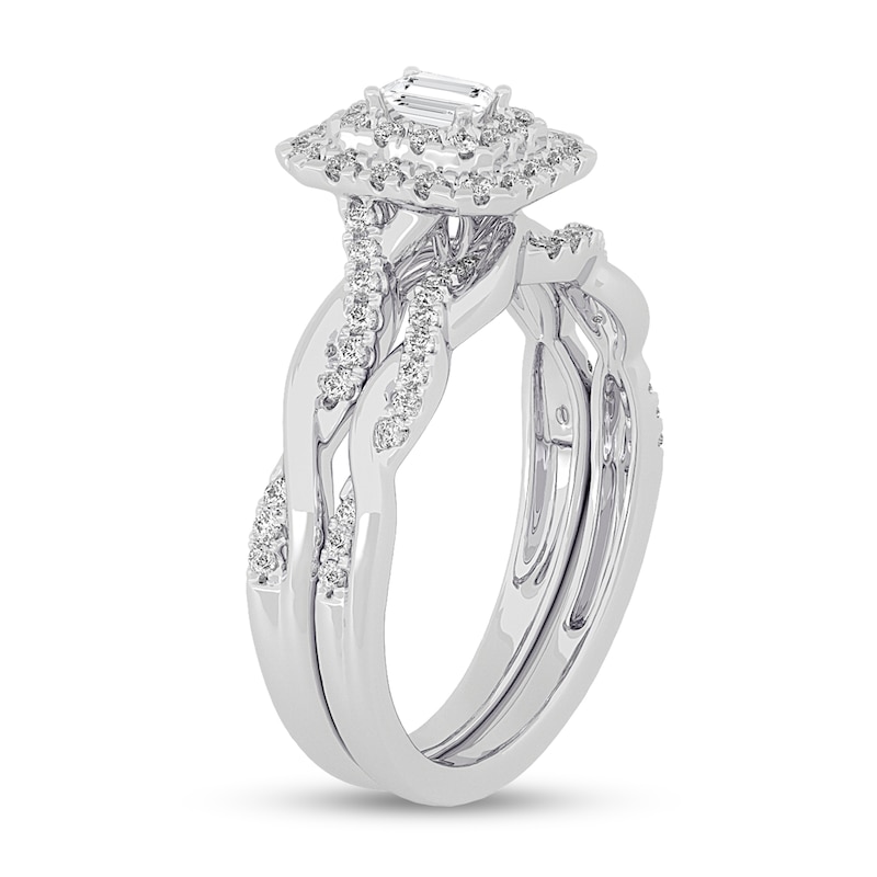 Main Image 2 of 3/8 CT. T.W. Emerald-Cut Diamond Double Frame Twist Shank Bridal Set in 14K White Gold (I/SI2)