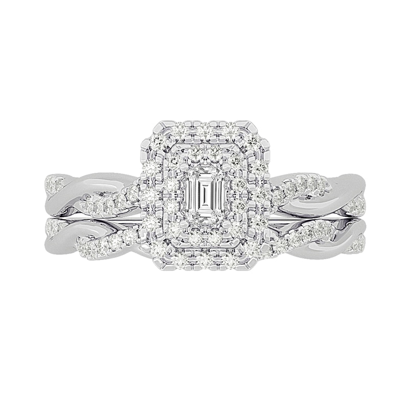 Main Image 3 of 3/8 CT. T.W. Emerald-Cut Diamond Double Frame Twist Shank Bridal Set in 14K White Gold (I/SI2)