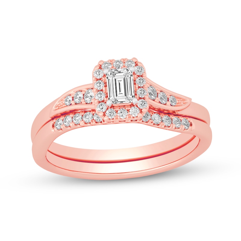 Main Image 1 of 3/8 CT. T.W. Emerald-Cut Diamond Frame Bypass Bridal Set in 14K Rose Gold (I/SI2)