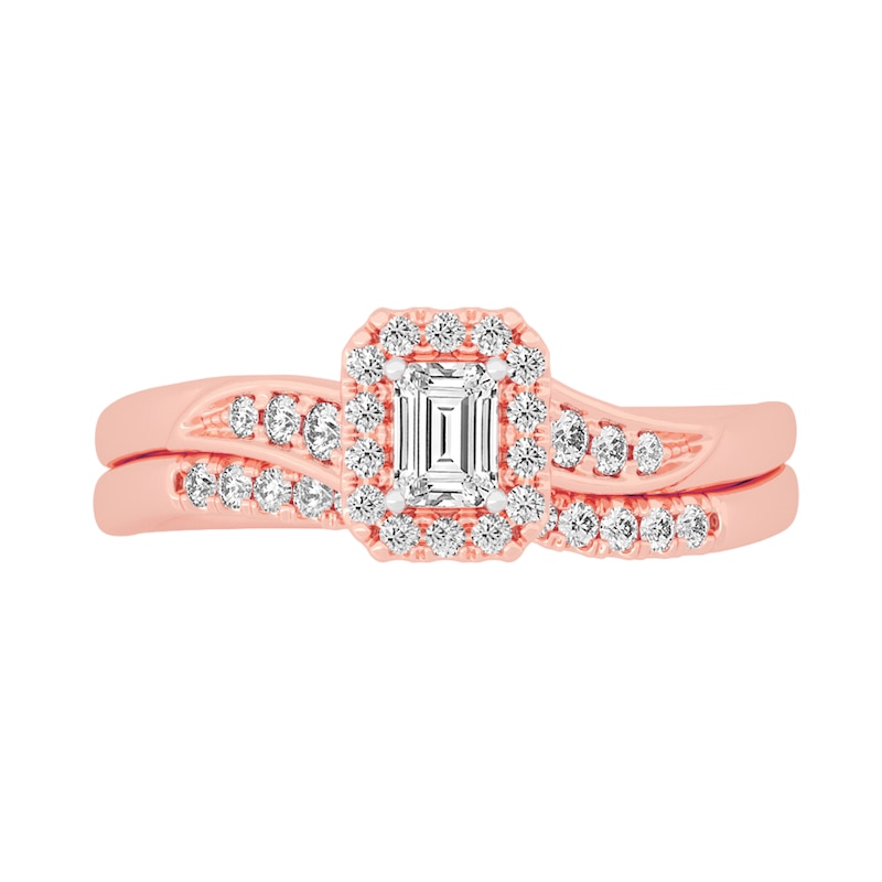 Main Image 3 of 3/8 CT. T.W. Emerald-Cut Diamond Frame Bypass Bridal Set in 14K Rose Gold (I/SI2)