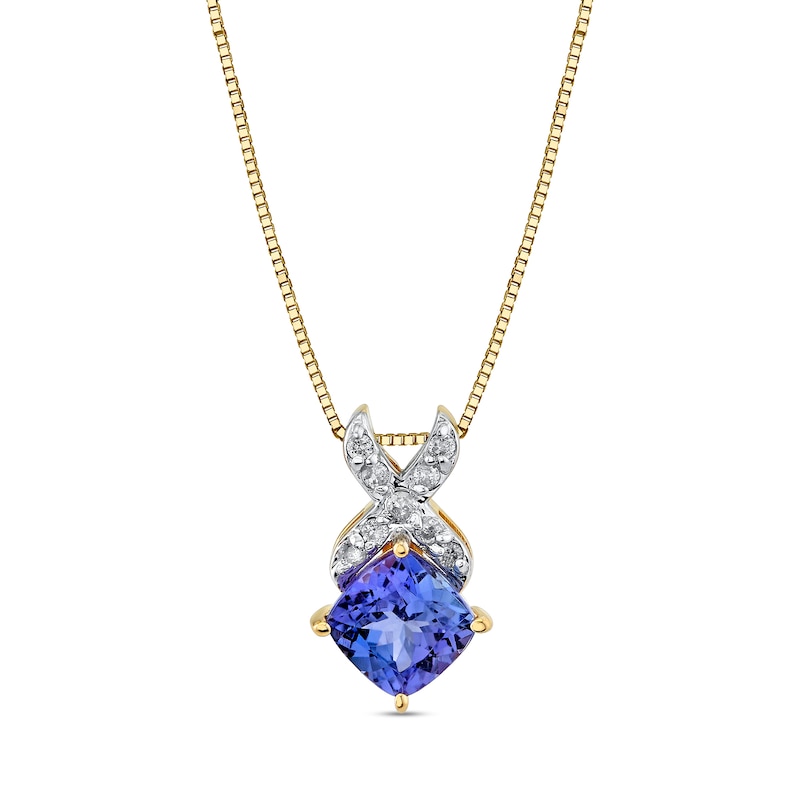 Main Image 1 of Tilted 6.0mm Cushion-Cut Tanzanite and 1/10 CT. T.W. Diamond &quot;X&quot; Pendant in 10K Gold