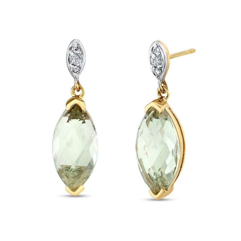 Main Image 1 of Marquise-Cut Green Quartz and 1/20 CT. T.W. Diamond Dangle Drop Earrings in 14K Gold