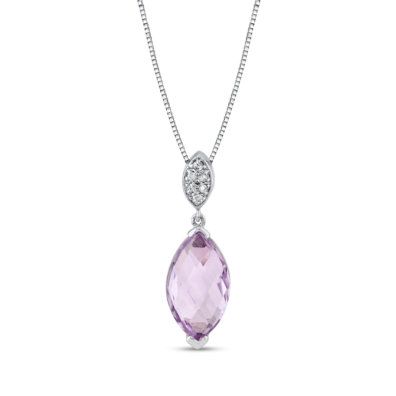 Main Image 1 of Marquise-Cut Pink Quartz and 1/20 CT. T.W. Diamond Dangle Pendant in 14K White Gold