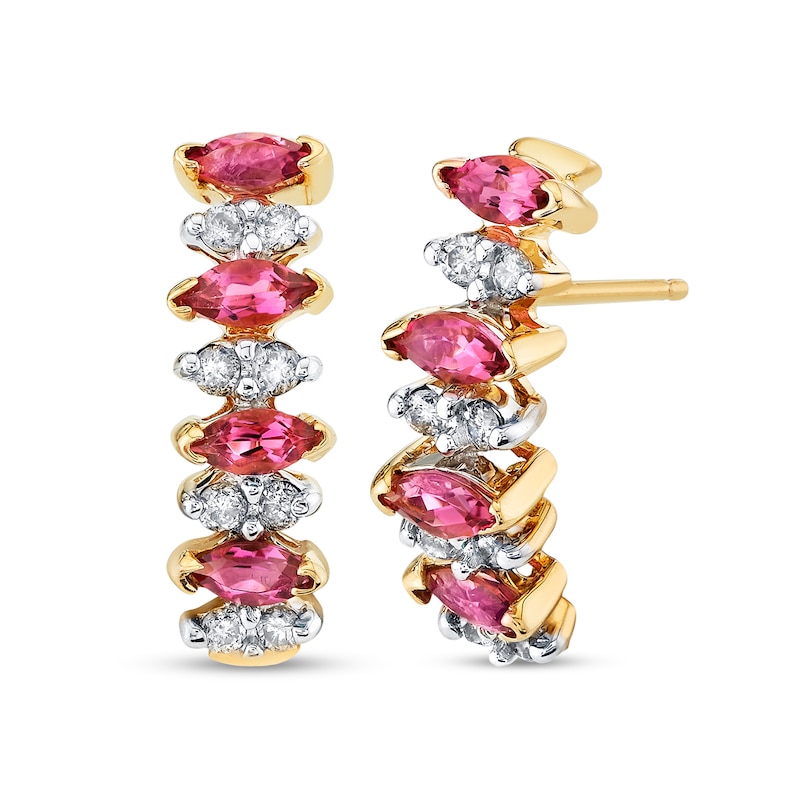 Main Image 1 of Alternating Marquise-Cut Tourmaline and 1/4 CT. T.W. Diamond Hoop Earrings in 14K Gold