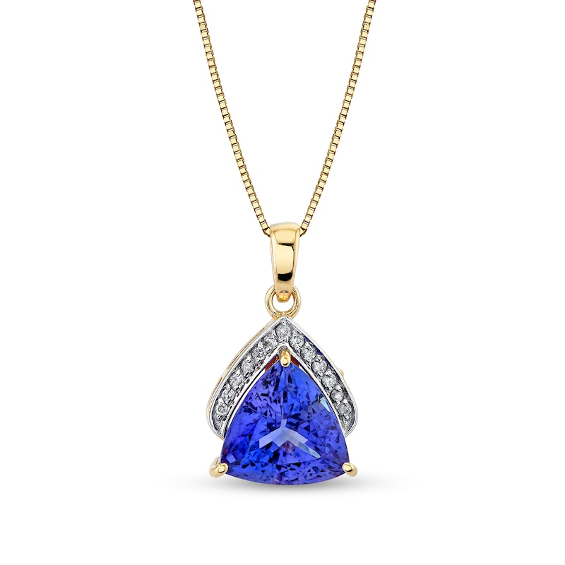 Main Image 1 of 10.0mm Trillion-Cut Tanzanite and 1/15 CT. T.W. Diamond Tiered Frame Pendant in 10K Gold