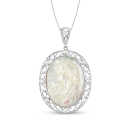 Oval Mother-of-Pearl Cameo and Freshwater Cultured Pearl Filigree Frame Pendant in Sterling Silver