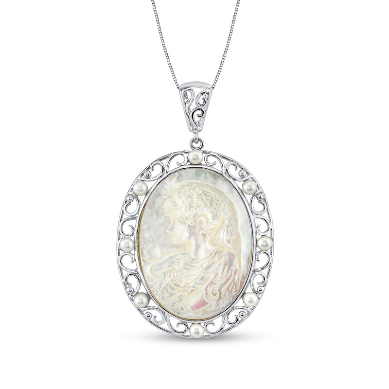 Main Image 1 of Oval Mother-of-Pearl Cameo and Freshwater Cultured Pearl Filigree Frame Pendant in Sterling Silver