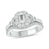 Thumbnail Image 1 of Emerald-Cut White Lab-Created Sapphire and 3/8 CT. T.W. Diamond Frame Floral Bridal Set in 10K White Gold