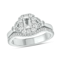 Emerald-Cut White Lab-Created Sapphire and 3/8 CT. T.W. Diamond Frame Floral Bridal Set in 10K White Gold