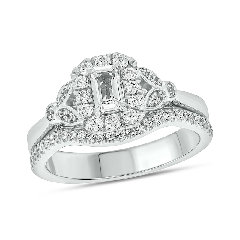 Main Image 1 of Emerald-Cut White Lab-Created Sapphire and 3/8 CT. T.W. Diamond Frame Floral Bridal Set in 10K White Gold