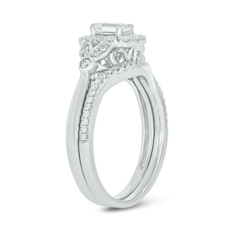 Main Image 2 of Emerald-Cut White Lab-Created Sapphire and 3/8 CT. T.W. Diamond Frame Floral Bridal Set in 10K White Gold