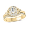 Thumbnail Image 1 of Emerald-Cut White Lab-Created Sapphire and 3/8 CT. T.W. Diamond Frame Floral Bridal Set in 10K Gold