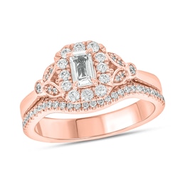 Emerald-Cut White Lab-Created Sapphire and 3/8 CT. T.W. Diamond Frame Floral Bridal Set in 10K Rose Gold