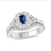 Thumbnail Image 0 of Emerald-Cut Blue Lab-Created Sapphire and 3/8 CT. T.W. Diamond Frame Floral Bridal Set in 10K White Gold