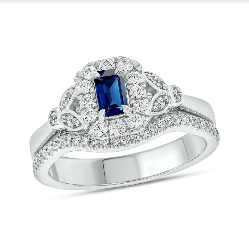 Emerald-Cut Blue Lab-Created Sapphire and 3/8 CT. T.W. Diamond Frame Floral Bridal Set in 10K White Gold