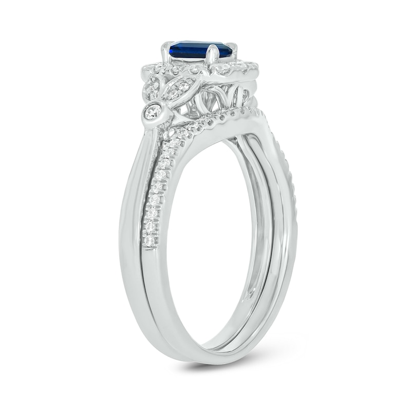 Emerald-Cut Blue Lab-Created Sapphire and 3/8 CT. T.W. Diamond Frame Floral Bridal Set in 10K White Gold