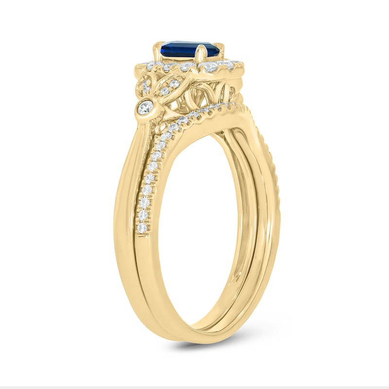 Main Image 2 of Emerald-Cut Blue Lab-Created Sapphire and 3/8 CT. T.W. Diamond Frame Floral Bridal Set in 10K Gold