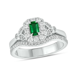 Emerald-Cut Lab-Created Emerald and 3/8 CT. T.W. Diamond Frame Floral Bridal Set in 10K White Gold